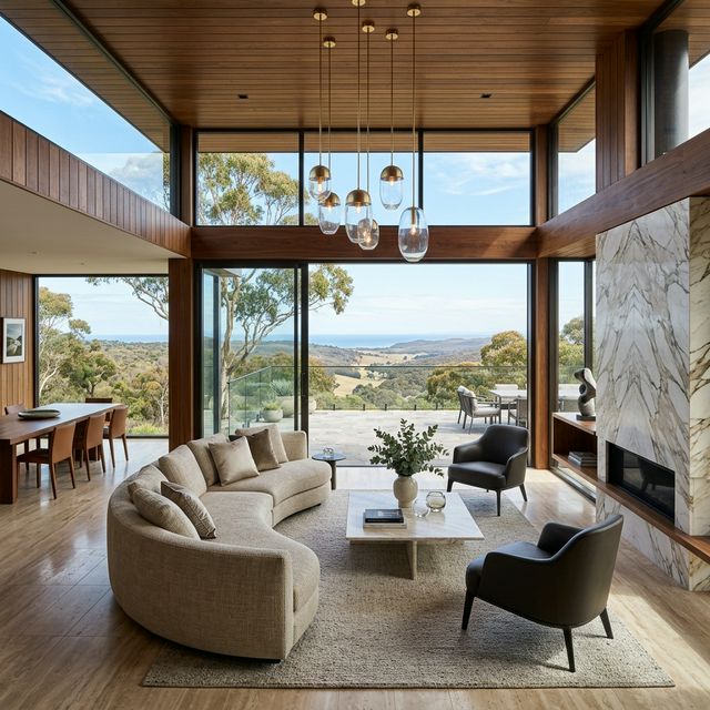 Luxury living room interior with panoramic views